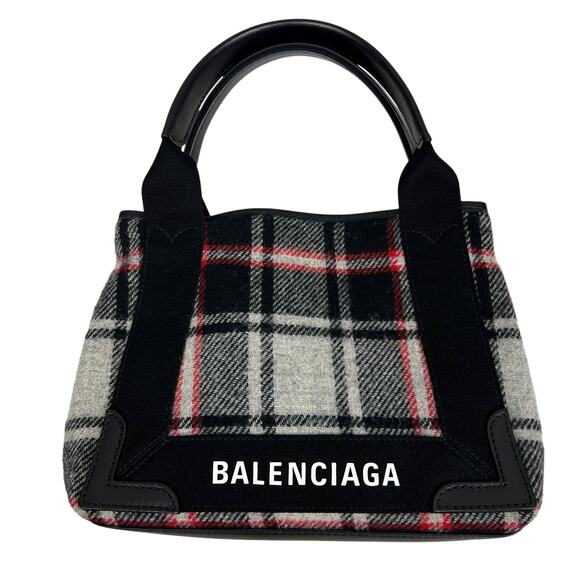 Balenciaga Red Gray Wool Plaid Cabas Convertible Small Tote - Picture 1 of 9